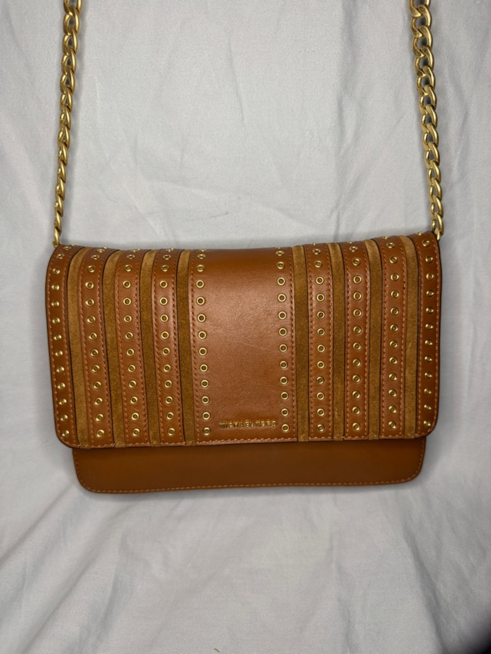 Michael Kors Brown Leather & Suede Studded Flap Crossbody Chain Strap